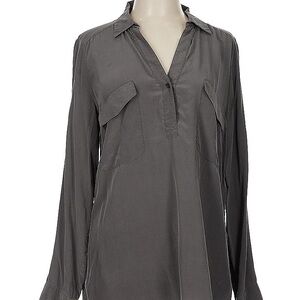 Eileen Fisher Gray Silk Relaxed Blouse with Notched Collar